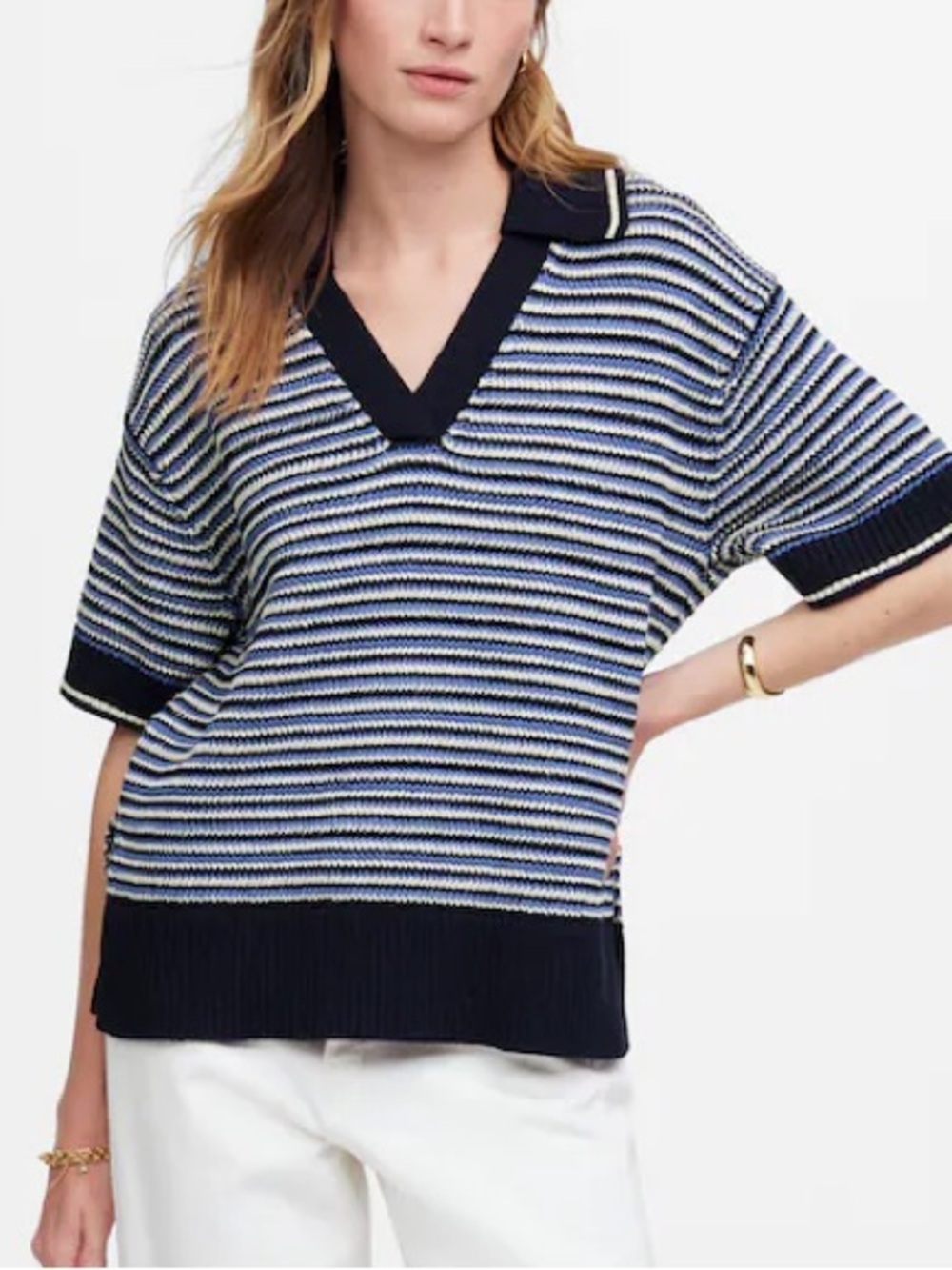 NWT Sz M Madewell Striped Cotton Johnny-Collar Short Sleeve Sweater Tee in Blue